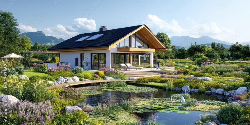 Naklejka premium A house with a pond and a patio