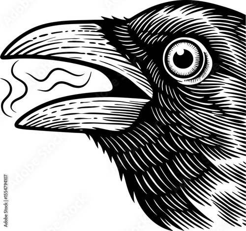 Black raven head illustration with open beak, vocalizing monochrome drawing for symbolism, wildlife, myth, communication, folklore concepts