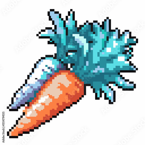 Pixel art carrot and parsnip with leafy tops retro video game vegetables isolated on white background