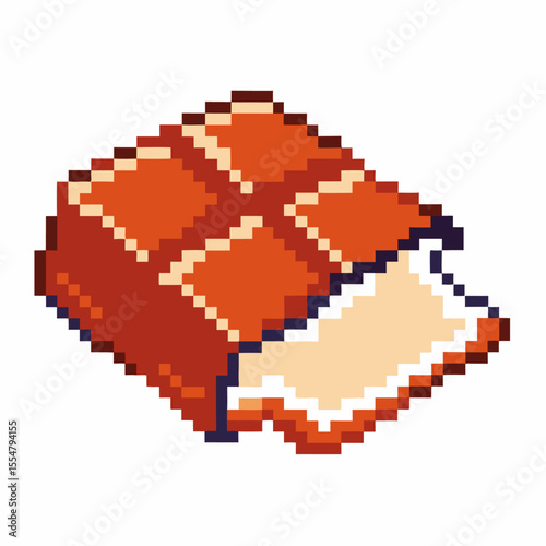 Pixel art chocolate bar with bite taken out retro sweets, digital candy snack, pixel confectionery illustration