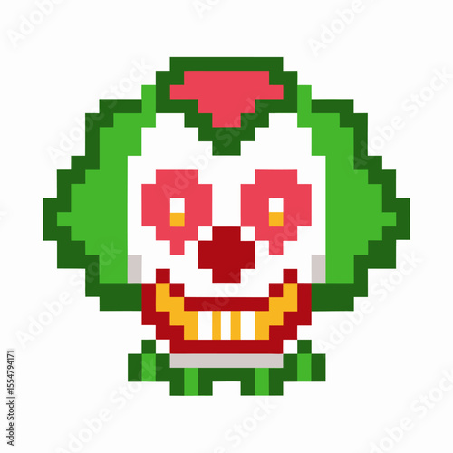 Pixel clown face illustration with vibrant green hair, red nose, retro digital style, creepy smiling expression