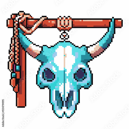Pixel art blue bull skull with horns hanging on wooden frame retro digital design, western tribal symbol, isolated icon
