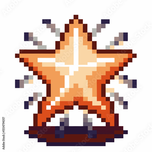 Golden pixel art star trophy with shining rays and wooden base retro digital award icon for achievement or victory reward