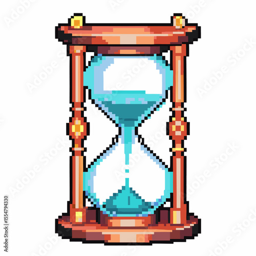 Pixel art hourglass icon with flowing blue sand retro timer symbol for countdown, game interface, or time management concept