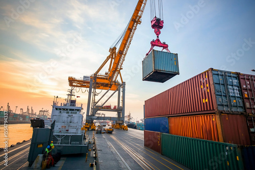 Crane lifts cargo containers at bustling port during sunset Generative AI