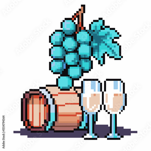Pixel art grapes with wooden wine barrel and two champagne glasses vintage celebration, vineyard harvest, retro gaming