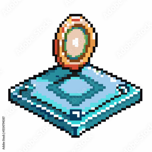 Retro pixel art coin and platform digital game asset, vintage icon, collectible gold currency, isometric blue base sprite
