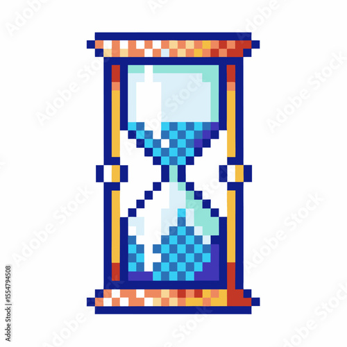 Pixel hourglass timer with blue sand, vintage retro pixelated countdown, classic time measurement concept illustration