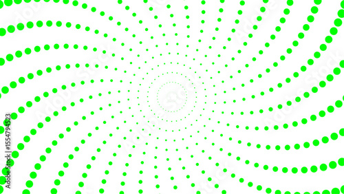 Abstract green dot spiral pattern forming a vortex on a white background. Ideal for backgrounds, optical illusion designs, or science fiction themes.