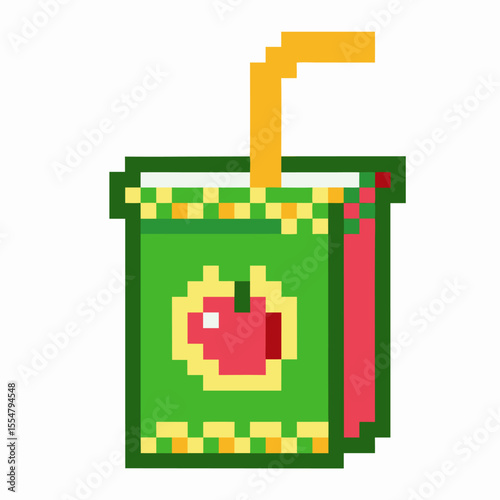 Pixel art green apple juice box with yellow straw retro 8 bit drink illustration, colorful fruity beverage, digital minimal