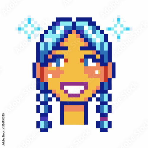 Smiling girl face with blue pigtails, pixel art expressive emotions, sparkling eyes, joyful retro gaming character