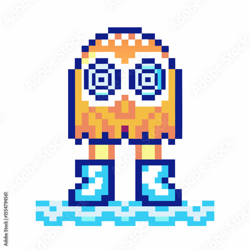 Retro pixel art owl character standing on icy platform, big blue boots, retro gaming style, digital design inspiration