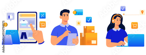 E-commerce business and Online shopping concept, using internet and online platforms for business task, marketing, shopping, searching, vector illustration	

