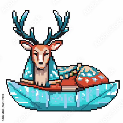 Pixel art deer in blue kimono resting on leaf boat retro animal illustration, peaceful serene fantasy nature design