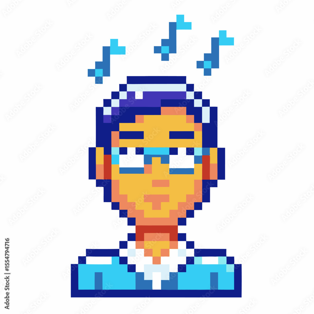Obraz premium Pixel art thinking man character with glasses, blue hair, confusion, and question marks retro 8 bit emotion concept