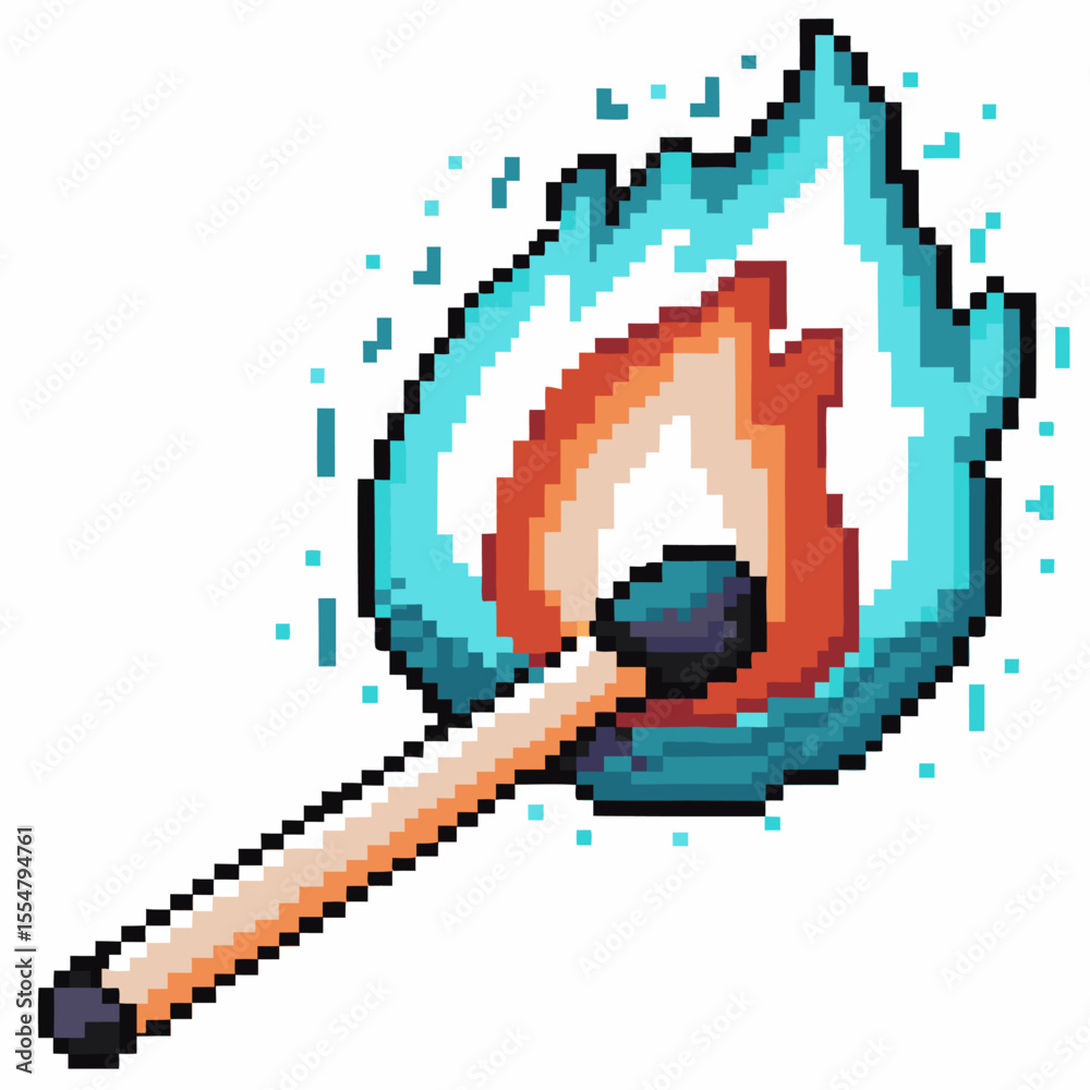 Obraz premium Pixel art matchstick igniting with vibrant blue flame, retro digital style, unique fire illustration, creativity and energy