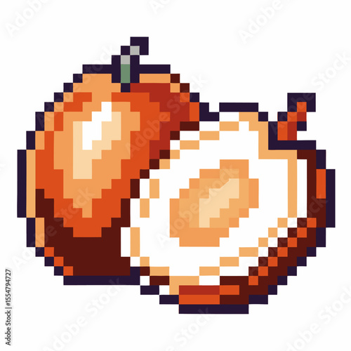 Pixel art apricot fruit retro illustration of whole and halved apricot with seed, isolated on white background