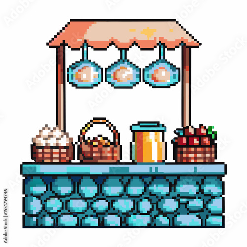 Retro pixel art market stall with stone counter, baskets of produce, lanterns, and goods for sale on white background
