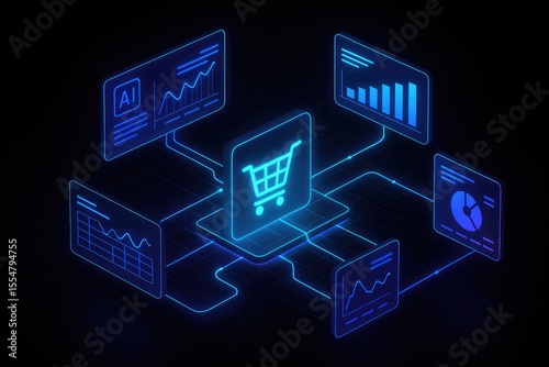 Digital Shopping Analytics Interface With Neon Blue Graphs image
