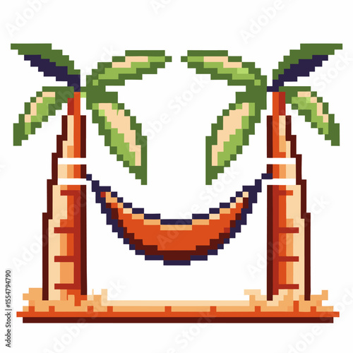 Pixel art tropical palm trees with hammock summer vacation relaxation, retro pixel beach scene, retro island leisure
