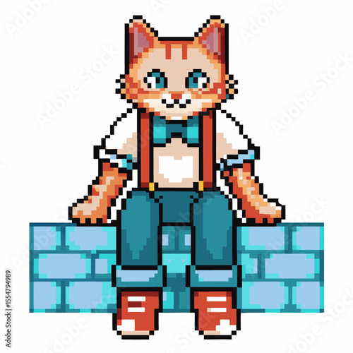 Pixel art orange cat wearing suspenders and bow tie, sitting on brick wall cute retro animal character, digital 8 bit