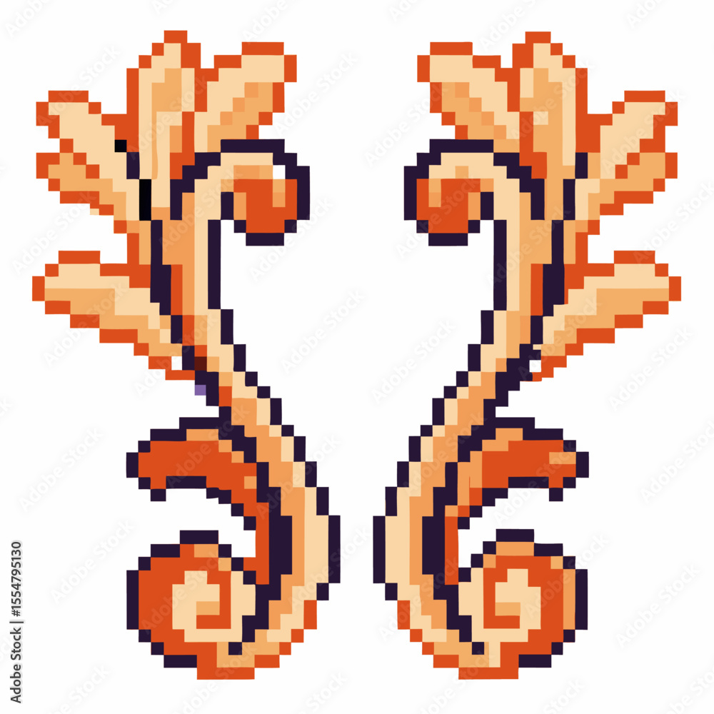 Fototapeta premium Pixel art ornate floral scrolls symmetrical vintage decorative element, flourish motif, retro baroque embellishment