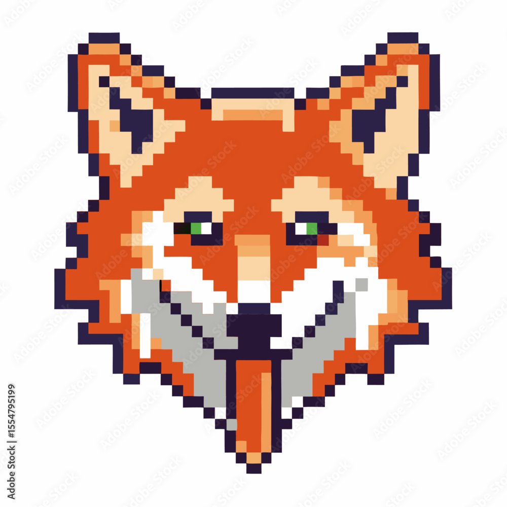 Fototapeta premium Retro pixel art fox face, orange animal icon with green eyes and expression 8 bit digital wildlife illustration isolated
