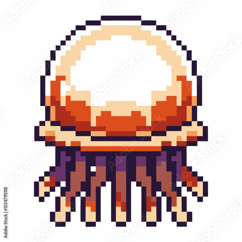 Pixel art glowing jellyfish with rounded body and dangling tentacles retro digital ocean creature, marine animal icon