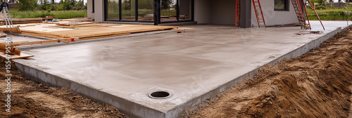 New concrete patio construction completed in residential area Generative AI