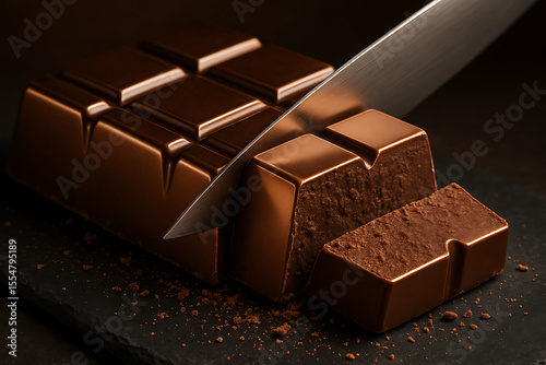 Dark chocolate bar being sliced by knife, showing rich detailed texture and evoking delicious indulgence