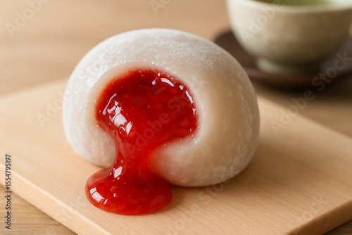 Delicious mochi with sweet strawberry filling oozing out, soft Japanese wagashi dessert, pure delicious indulgence