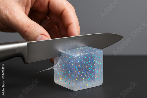Human hand cutting shiny transparent cube filled with glitter particles close up shows precise action against grey background