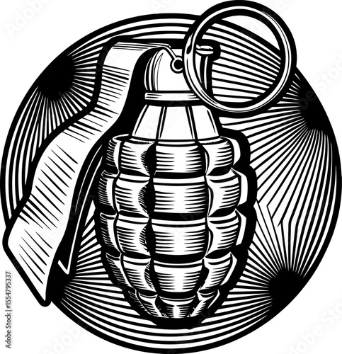 Hand grenade illustration detailed vintage explosive device drawing with metal pin and grip, isolated over graphic radial burst