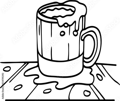 Foaming beer mug with overflowing liquid on wooden table hand drawn black and white beverage illustration