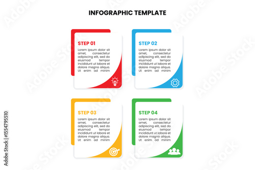 Clear 4-step infographic template with distinct sections. Ideal for showcasing sequential processes, options, or information in presentations, business reports, and educational content. Easily customi