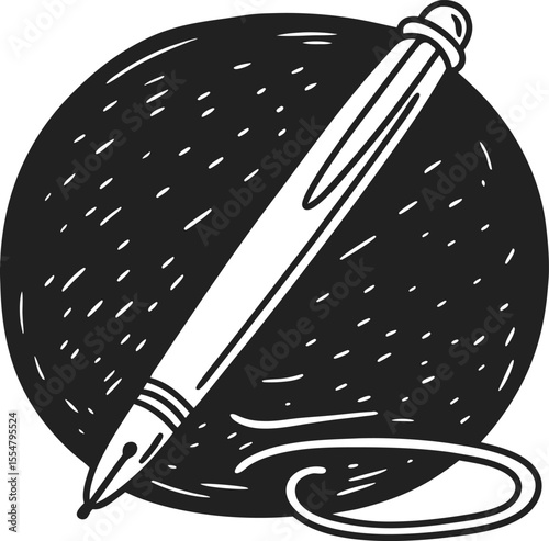 Ballpoint pen illustration in black and white hand drawn writing instrument with ink line, simple monochrome sketch