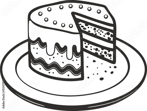 Layered cake with icing and slice on plate, black and white outline dessert, sweet treat, bakery illustration