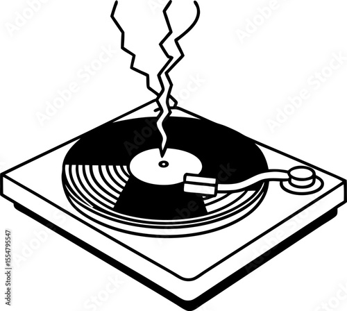 Vinyl record on turntable with stylized broken crack and smoke symbolizing music malfunction or damaged audio concept