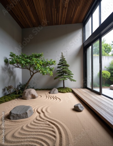 Tranquil zen garden design indoor space photography minimalist environment relaxation viewpoint serenity concept