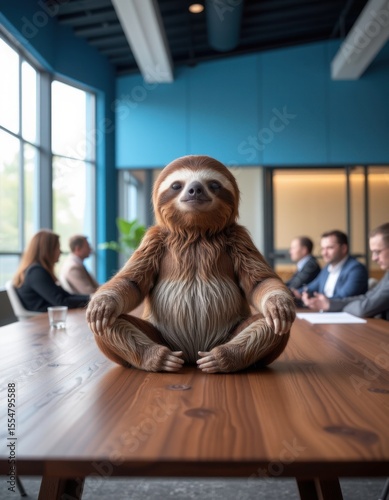 Sloth meeting in a modern office business environment creative content professional setting quirky concept