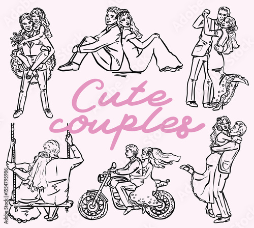 Cute wedding couples - whismical style hand drawn set of vector illustrations