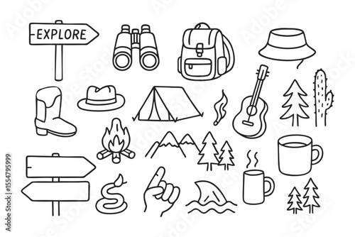 Hand-drawn camping and hiking icon set in black outline with outdoor travel elements for adventure themes
