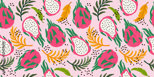 Dragon fruit seamless pattern, hand drawn vector tropical background with pitaya, green leaves and seeds on pink, fresh exotic summer design for textile, fabric, kitchen, wrapping, wallpaper, decor.