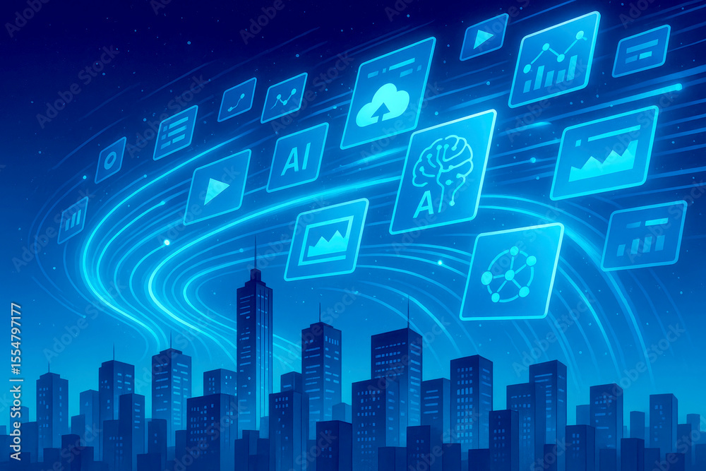 Futuristic city skyline with glowing digital data streams and icons image Futuristic city skyline with glowing digital data streams and icons image