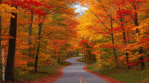 Serene winding road through vibrant autumn trees with colorful foliage in a peaceful setting