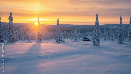 Serene winter landscape at sunrise with snow-covered trees and a distant cabin in tranquil setting