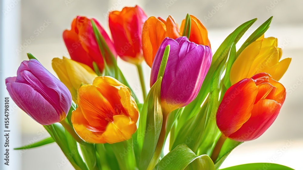 Fototapeta premium Vibrant tulips with green foliage, soft daylight, copy space. Fresh spring floral beauty in natural harmony. ﻿