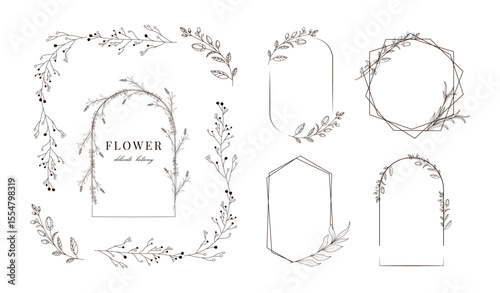 Hand drawn and doodle whimsical frames. Borders. Minimal element. Floral and botanical. Wedding rustic.Branches. Herbs. Templates. Retro vintage corners. Line art style. Boho branch. Round twigs. Logo