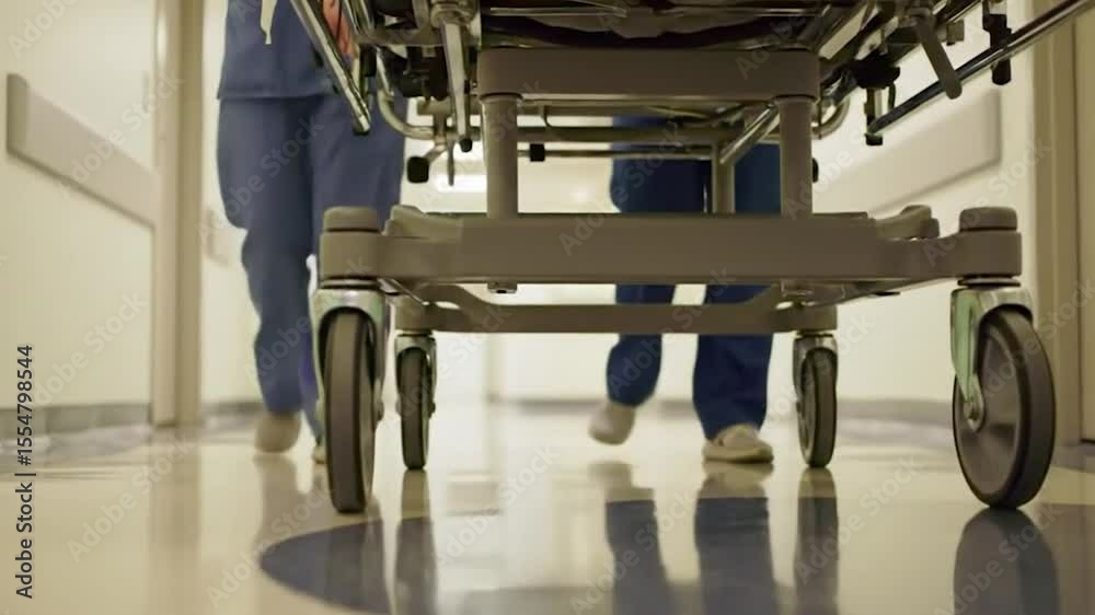 infirmiers courant à travers un couloir d'hôpital en poussant un brancard