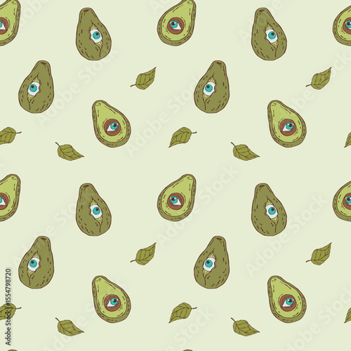 Seamless surreal vector pattern featuring avocados with eyes. A playful and imaginative design combining fantasy fruit elements in colorful sketch style